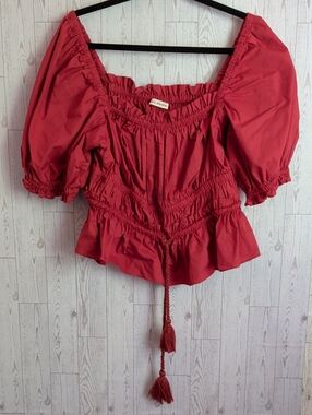 Ulla Johnson Coral Red Smocked Peasant Blouse with Tassel Tie